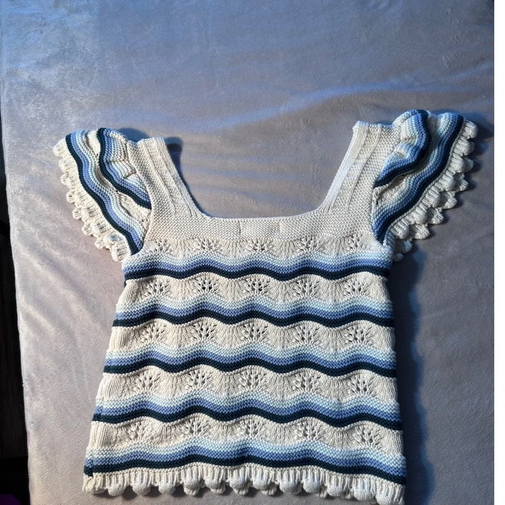 Jessica Simpson Blue White Striped Knit Flutter Sleeve Square Neck Top Medium